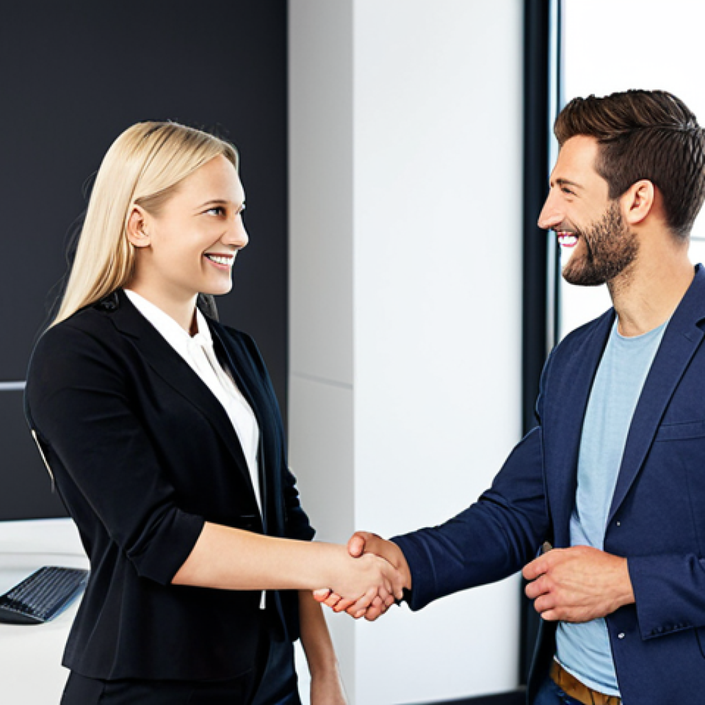 **Image:** A confident video producer shaking hands with a potential employer after a successful interview, showcasing a strong handshake and positive body language. Background: A modern office setting with video equipment subtly visible. Style: Professional and optimistic.