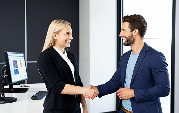 **Image:** A confident video producer shaking hands with a potential employer after a successful interview, showcasing a strong handshake and positive body language. Background: A modern office setting with video equipment subtly visible. Style: Professional and optimistic.