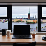 **AI-Powered Video Editing:** "A sleek, modern video editing suite interface featuring AI-assisted tools. The scene should showcase a Swedish video editor effortlessly using AI to remove background noise from an interview, with Stockholm city visible through the window in the background. Focus on clean design and ease of use. Include a fika cup on the desk."
