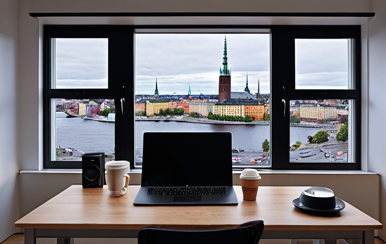 **AI-Powered Video Editing:** "A sleek, modern video editing suite interface featuring AI-assisted tools. The scene should showcase a Swedish video editor effortlessly using AI to remove background noise from an interview, with Stockholm city visible through the window in the background. Focus on clean design and ease of use. Include a fika cup on the desk."