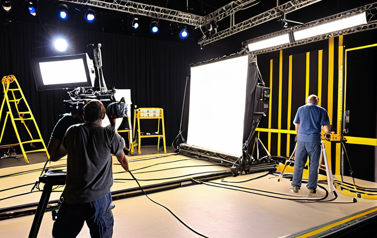 ** A bustling film set with crew members taping down cables and using cable ramps. The focus is on preventing tripping hazards. Include various film equipment like lights, cameras, and a dolly. The scene is brightly lit, emphasizing safety measures.
**